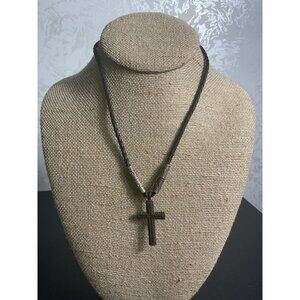 Braided Black Leather Cross Pendant Necklace